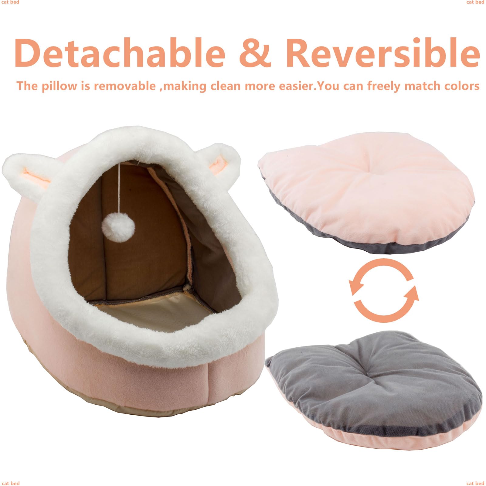 Nosterna Rabbit-Shaped Cat & Dog Bed - Soft Calming Cave with Hanging Toy & Removable Cotton Pad