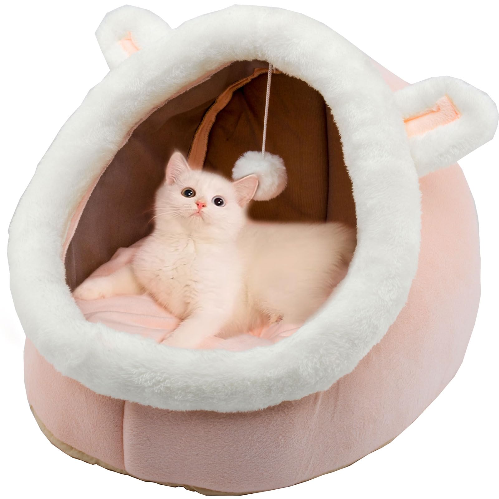 Nosterna Rabbit-Shaped Cat & Dog Bed - Soft Calming Cave with Hanging Toy & Removable Cotton Pad