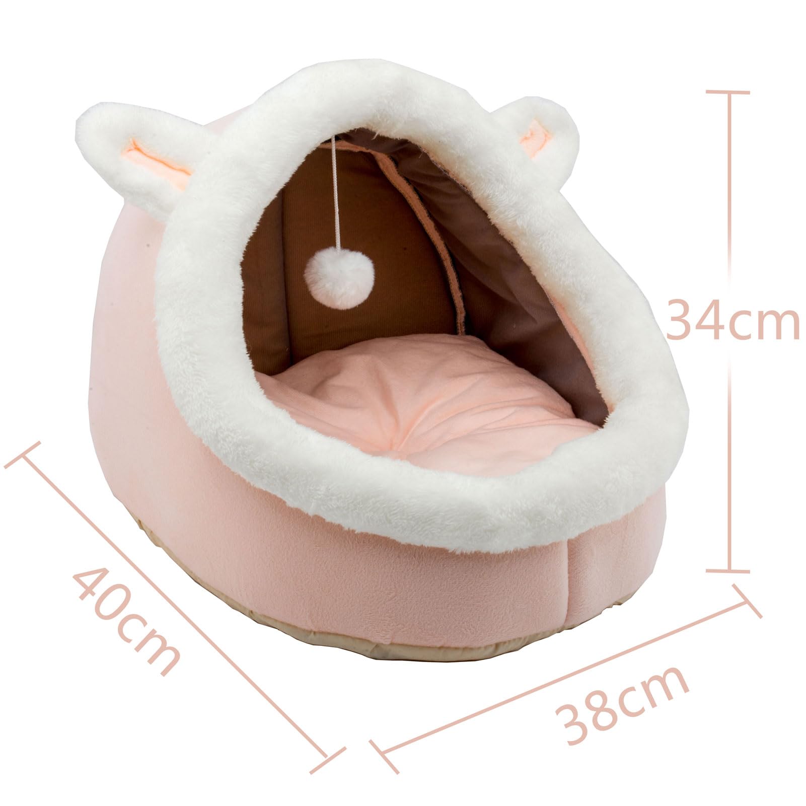 Nosterna Rabbit-Shaped Cat & Dog Bed - Soft Calming Cave with Hanging Toy & Removable Cotton Pad