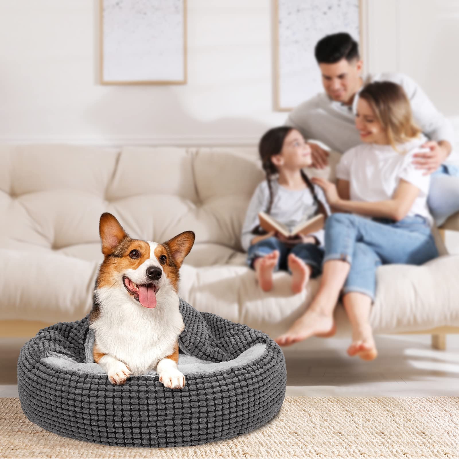Nosterna Round Calming Donut Dog Bed, Washable Hooded Pet Bed, for Dogs up to 30lbs