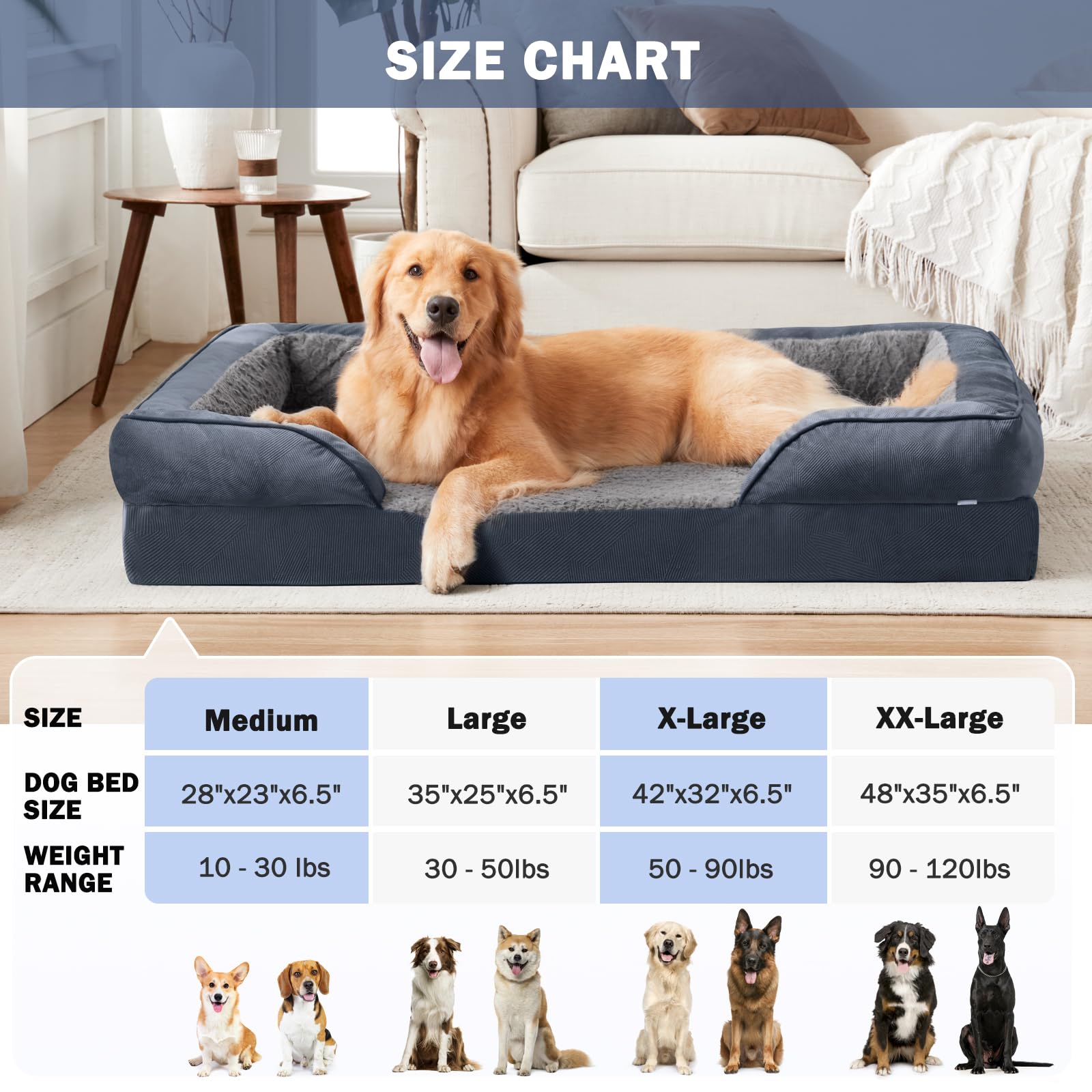 Nosterna Large Orthopedic Memory Foam Dog Bed, Washable, for Dogs up to 50lbs, Grey