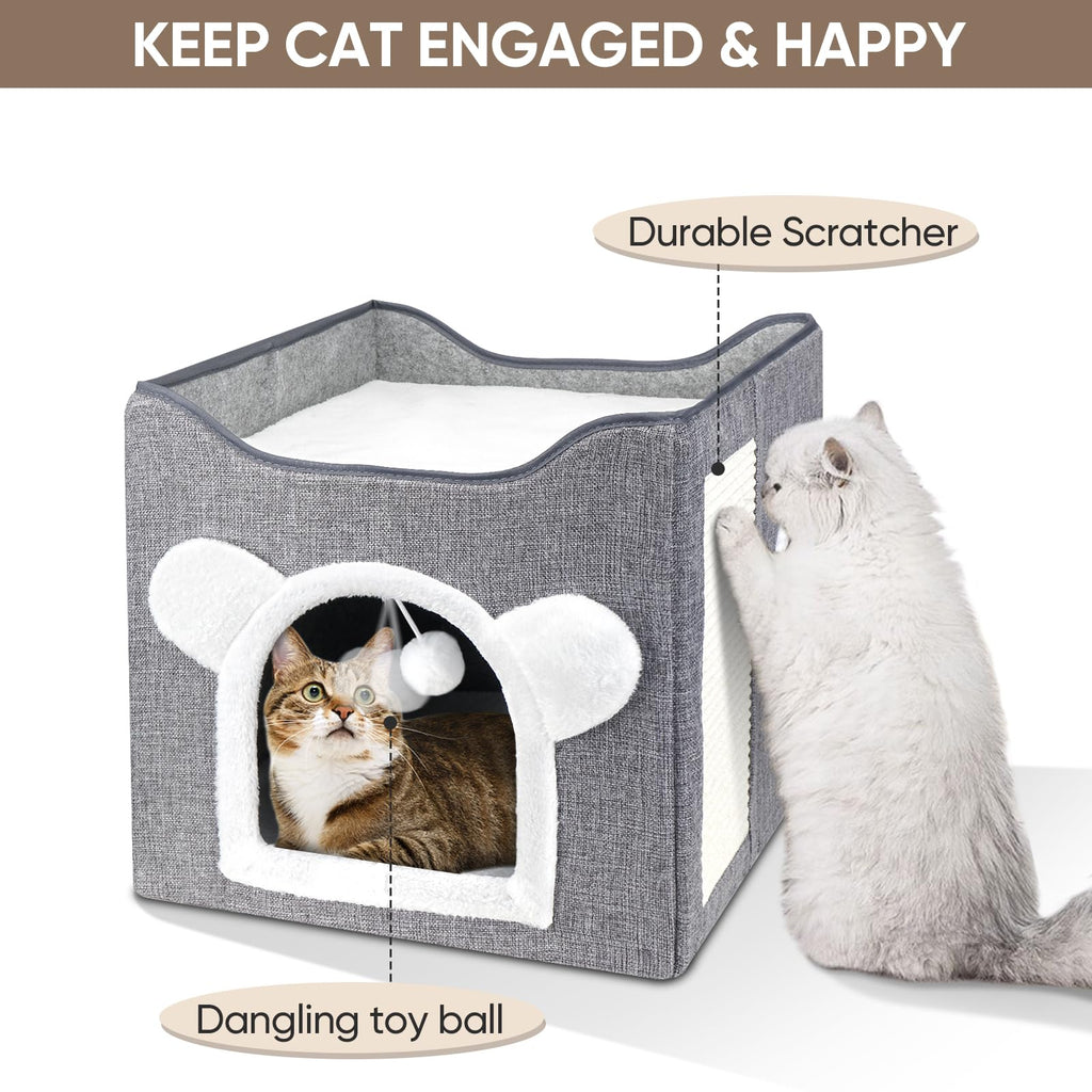 Nosterna Large Cat Cave - Covered Bed with Fluffy Ball & Scratch Pad for Small to Large Pets
