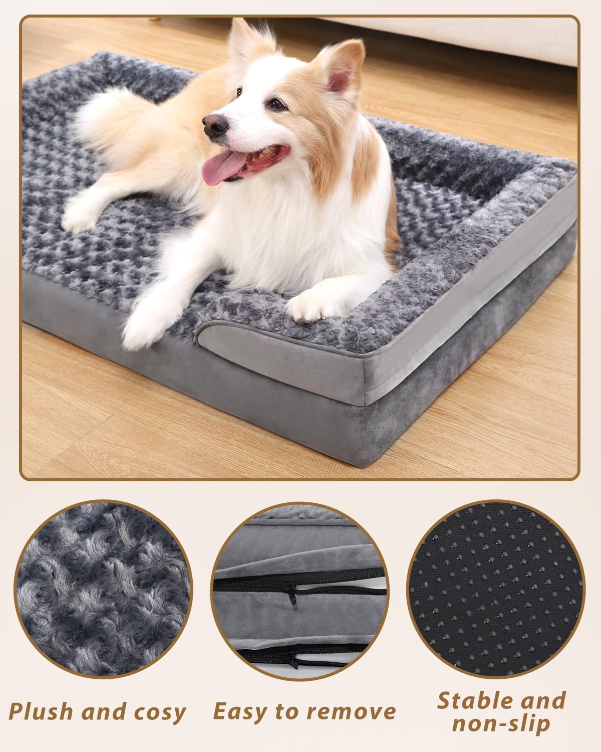 Nosterna Large Orthopedic Dog Bed, Memory Foam, Washable, Non-Slip, C-Shape Bolster, Grey 105x70x18cm