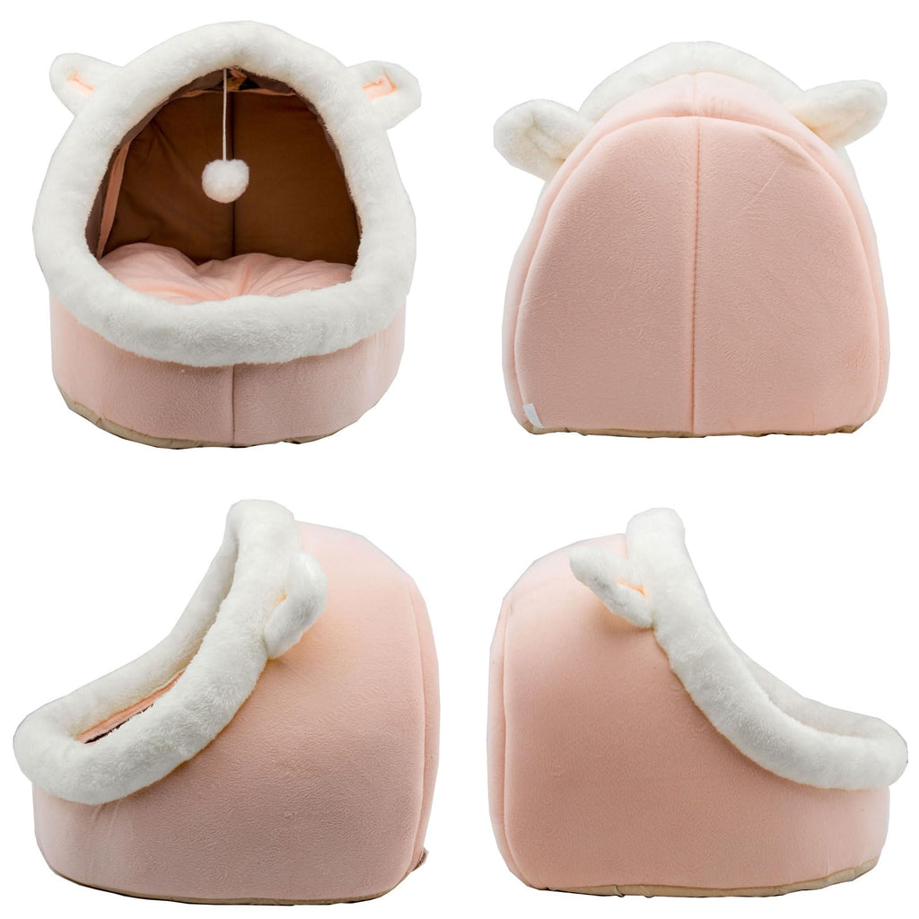 Nosterna Rabbit-Shaped Cat & Dog Bed - Soft Calming Cave with Hanging Toy & Removable Cotton Pad