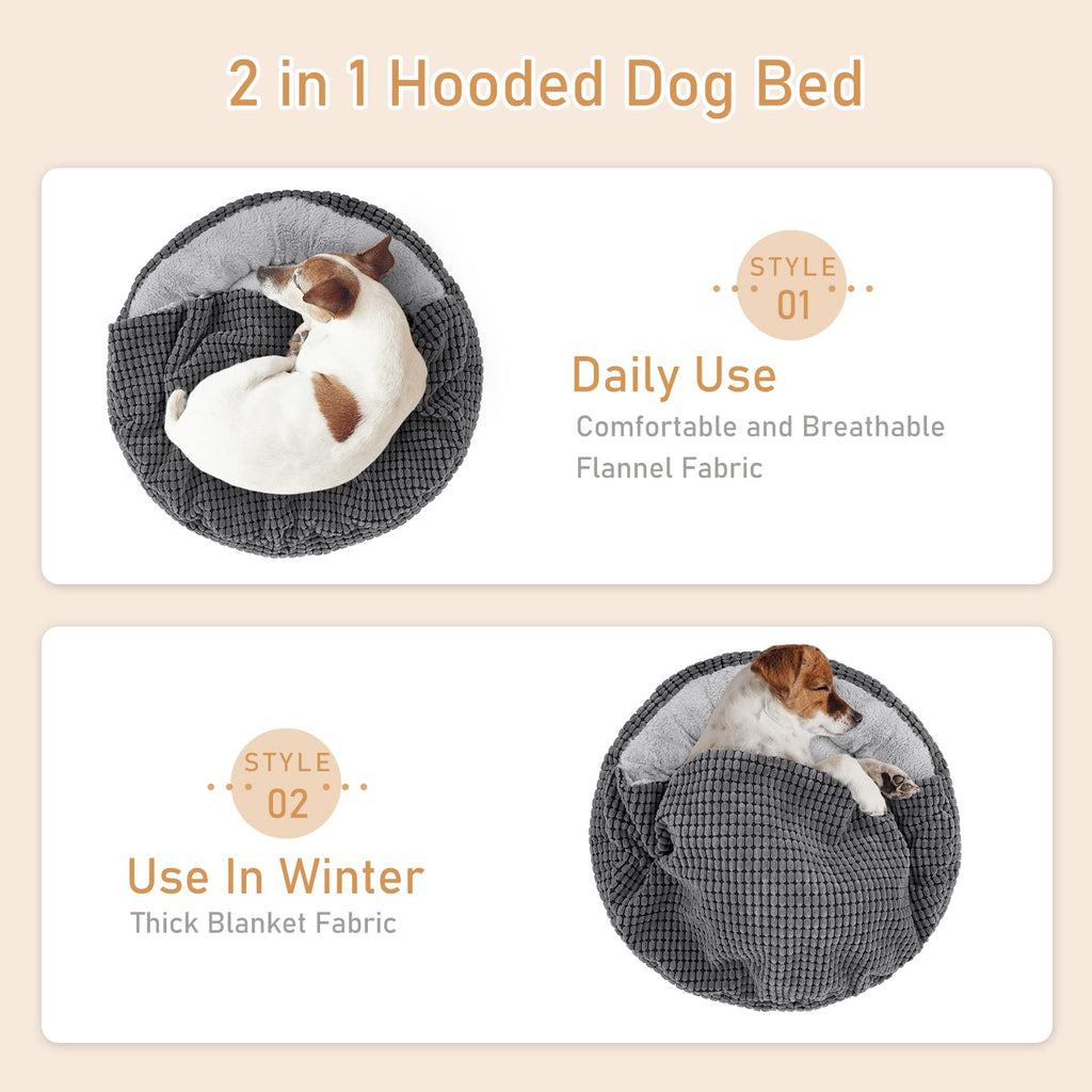 Nosterna Round Calming Donut Dog Bed, Washable Hooded Pet Bed, for Dogs up to 30lbs