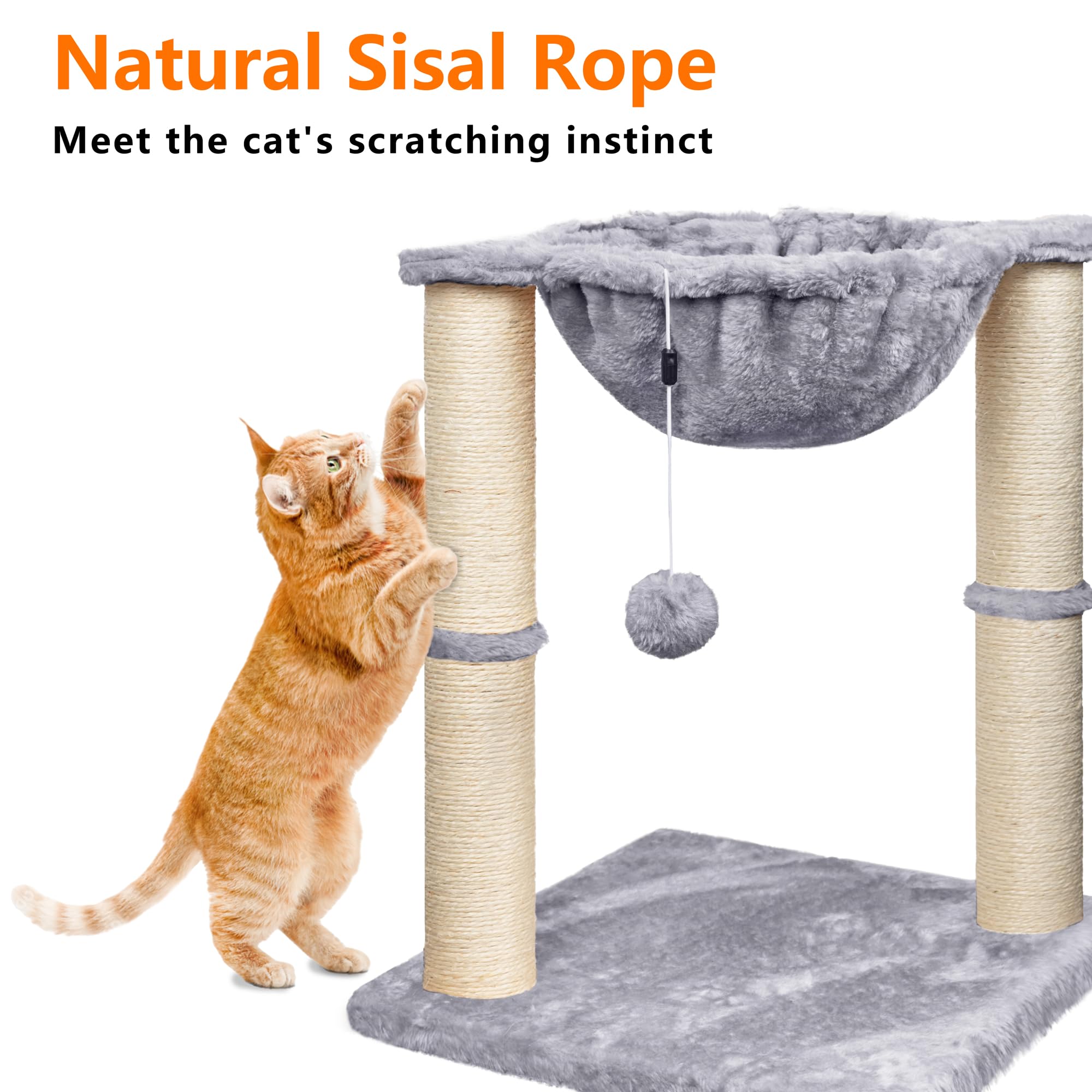 Cat Scratching Post, 50cm Cat Tree with Cat Hammock Bed, Scratching Posts for Indoor Cats with Hanging Ball Toy, Small Cat Tree for Kitten Pets Playing and Relaxing, Grey
