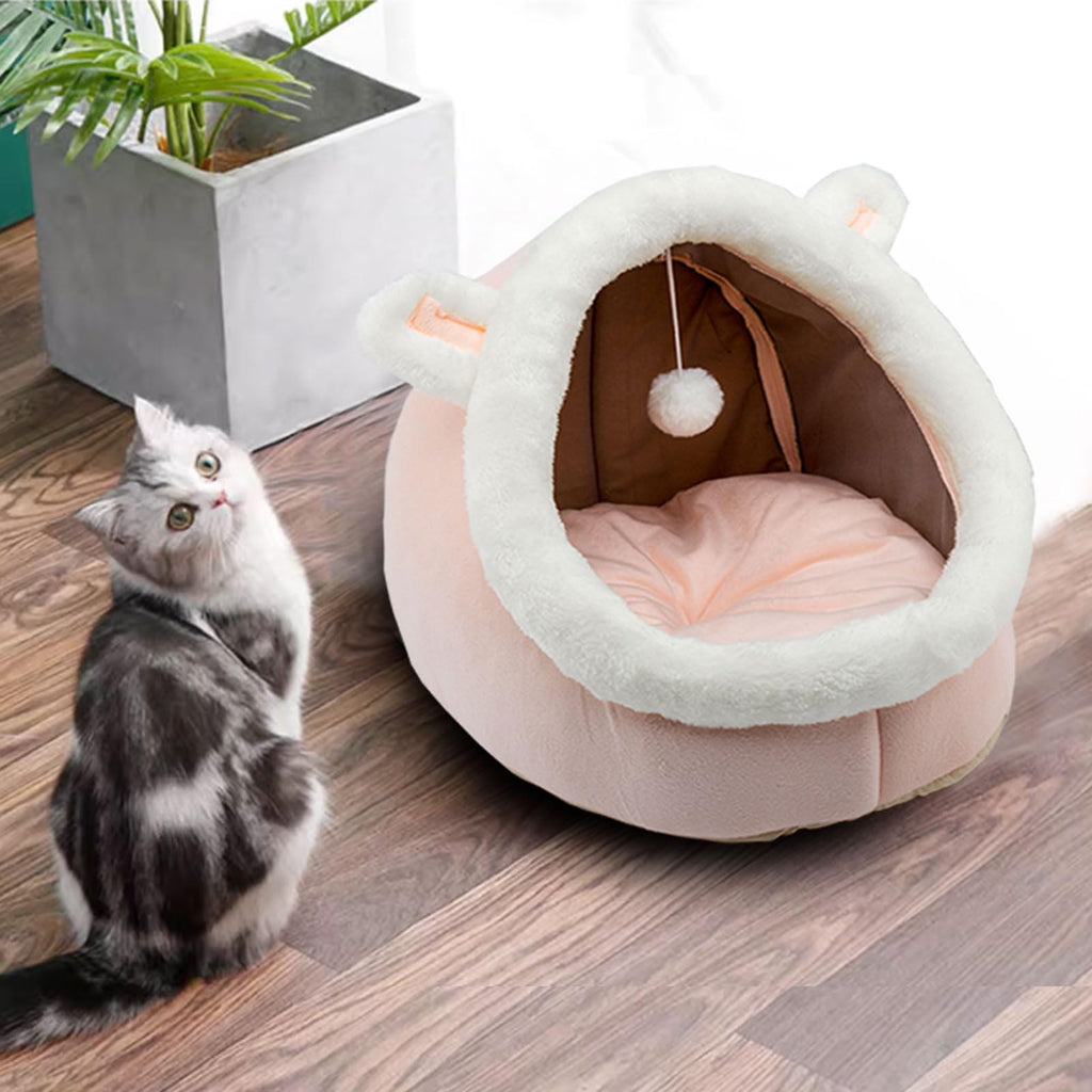 Nosterna Rabbit-Shaped Cat & Dog Bed - Soft Calming Cave with Hanging Toy & Removable Cotton Pad