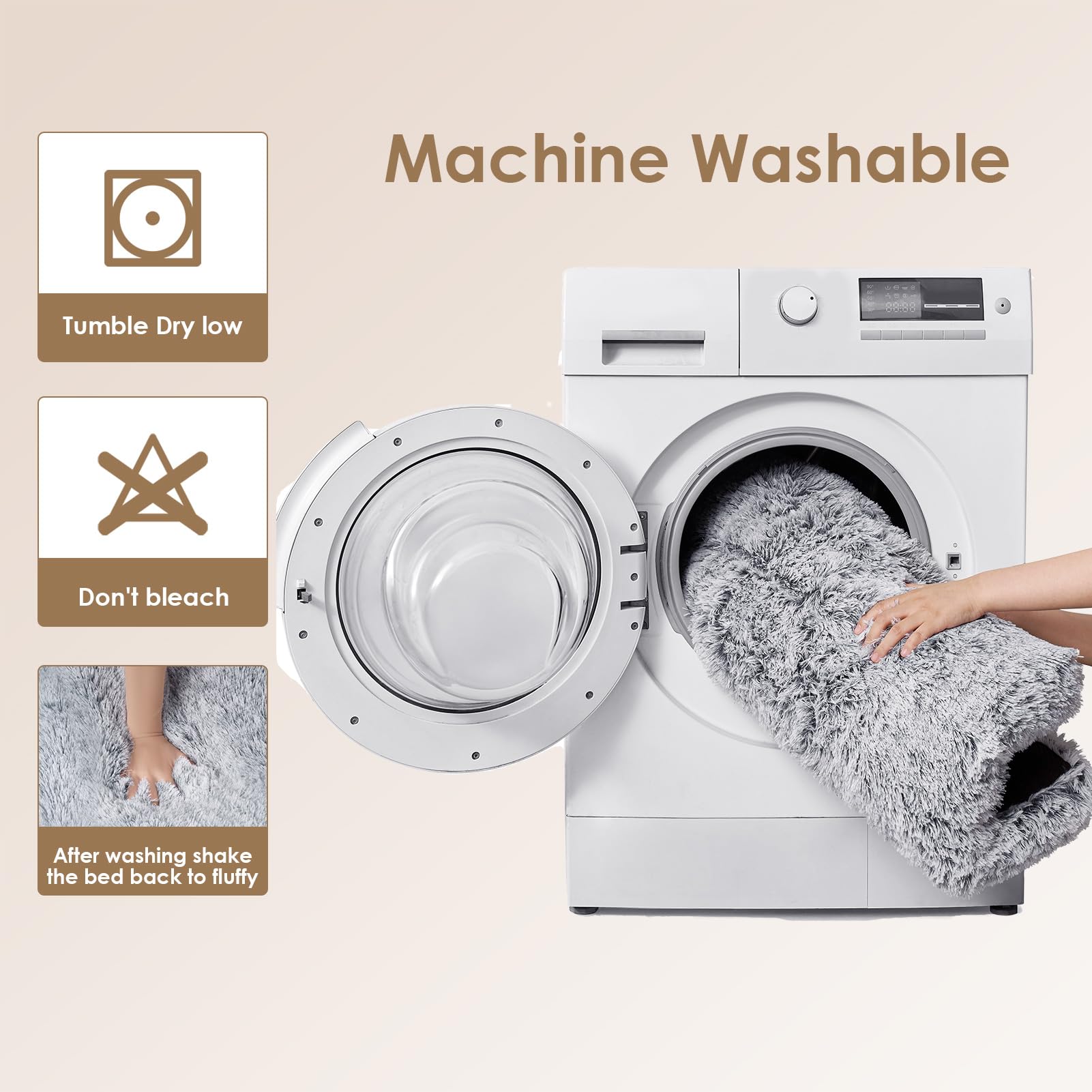 Nosterna Large Washable Crate Dog Bed - Fluffy Calming Bed with Anti-Slip Bottom