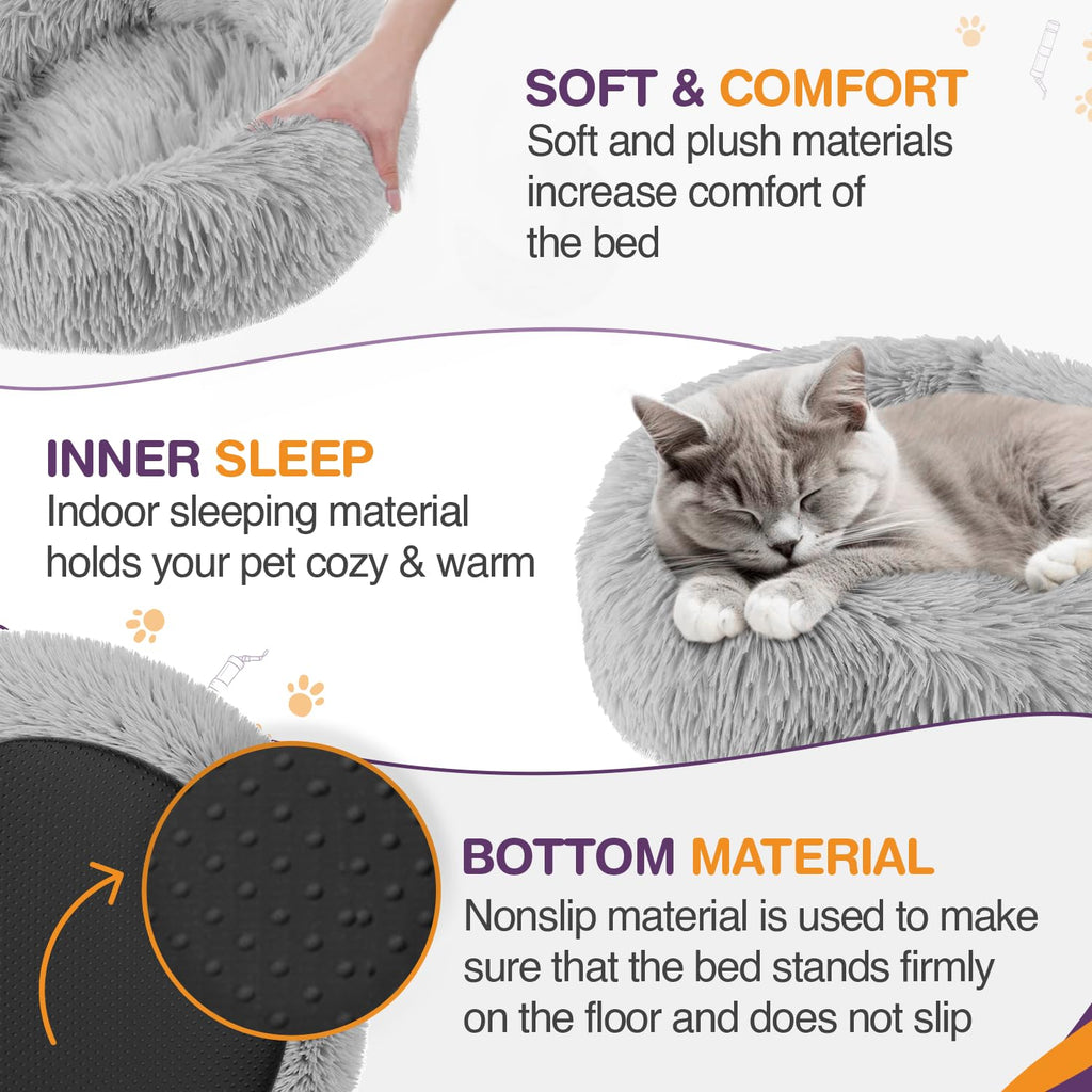 Nosterna Plush Donut Cat & Dog Bed - Calming Self-Warming Bed with Anti-Slip Base