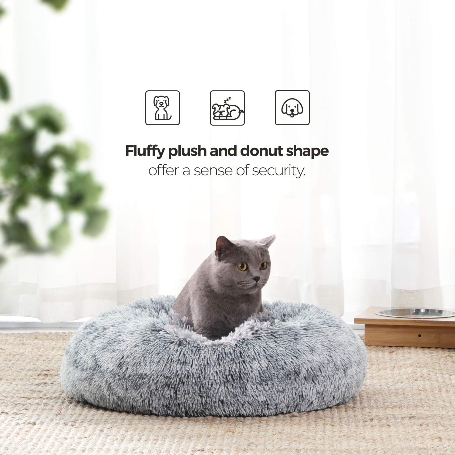 Nosterna Fluffy Dog & Cat Donut Bed - Washable Long Plush Cushion with Removable Padding