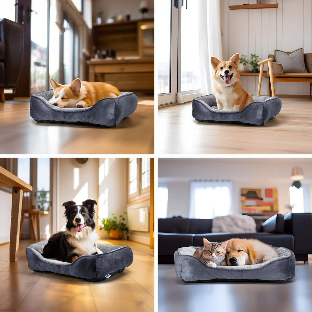 Nosterna Medium Dog Bed, Soft Washable Plush, Anti-Slip, for Small Dogs & Cats, 67x57x18cm, Grey