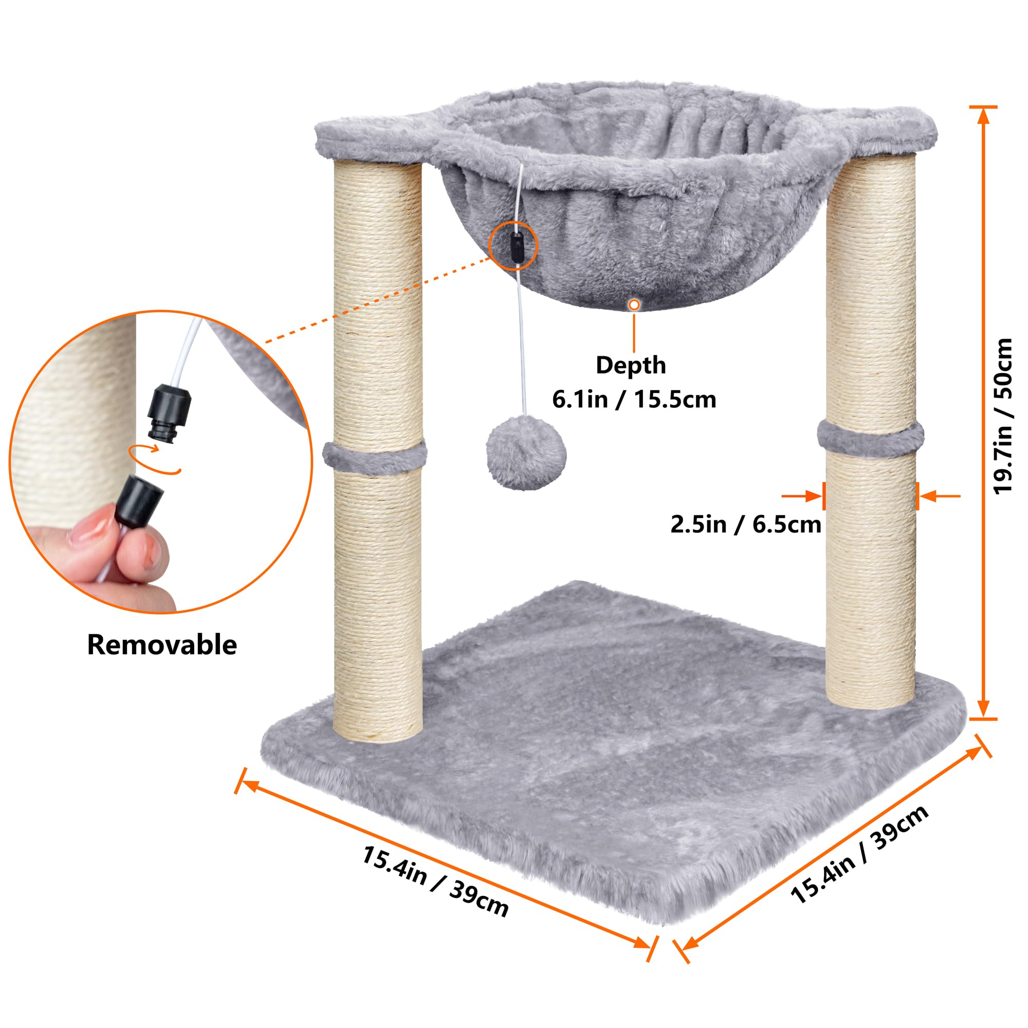Cat Scratching Post, 50cm Cat Tree with Cat Hammock Bed, Scratching Posts for Indoor Cats with Hanging Ball Toy, Small Cat Tree for Kitten Pets Playing and Relaxing, Grey