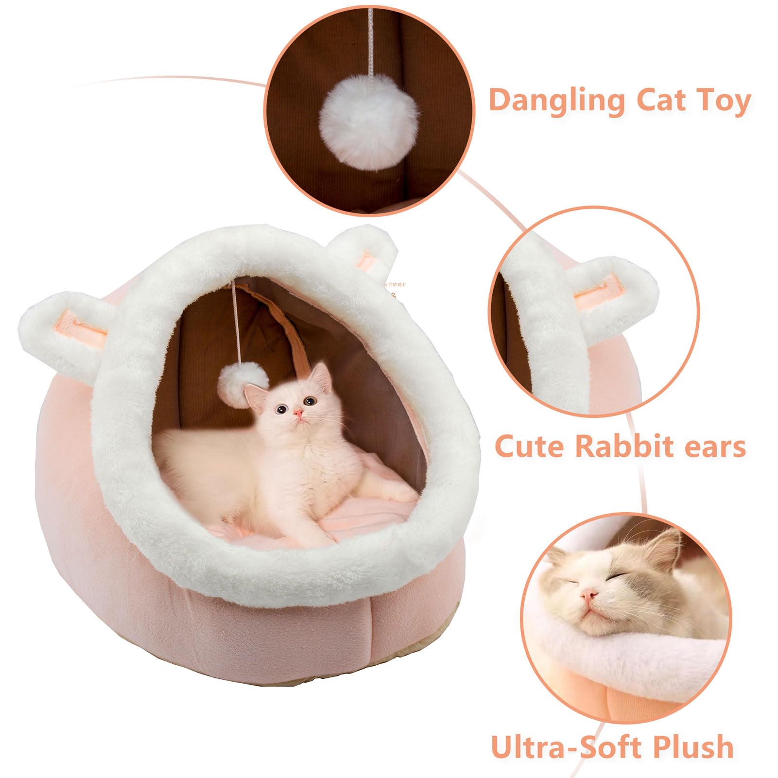 Nosterna Rabbit-Shaped Cat & Dog Bed - Soft Calming Cave with Hanging Toy & Removable Cotton Pad
