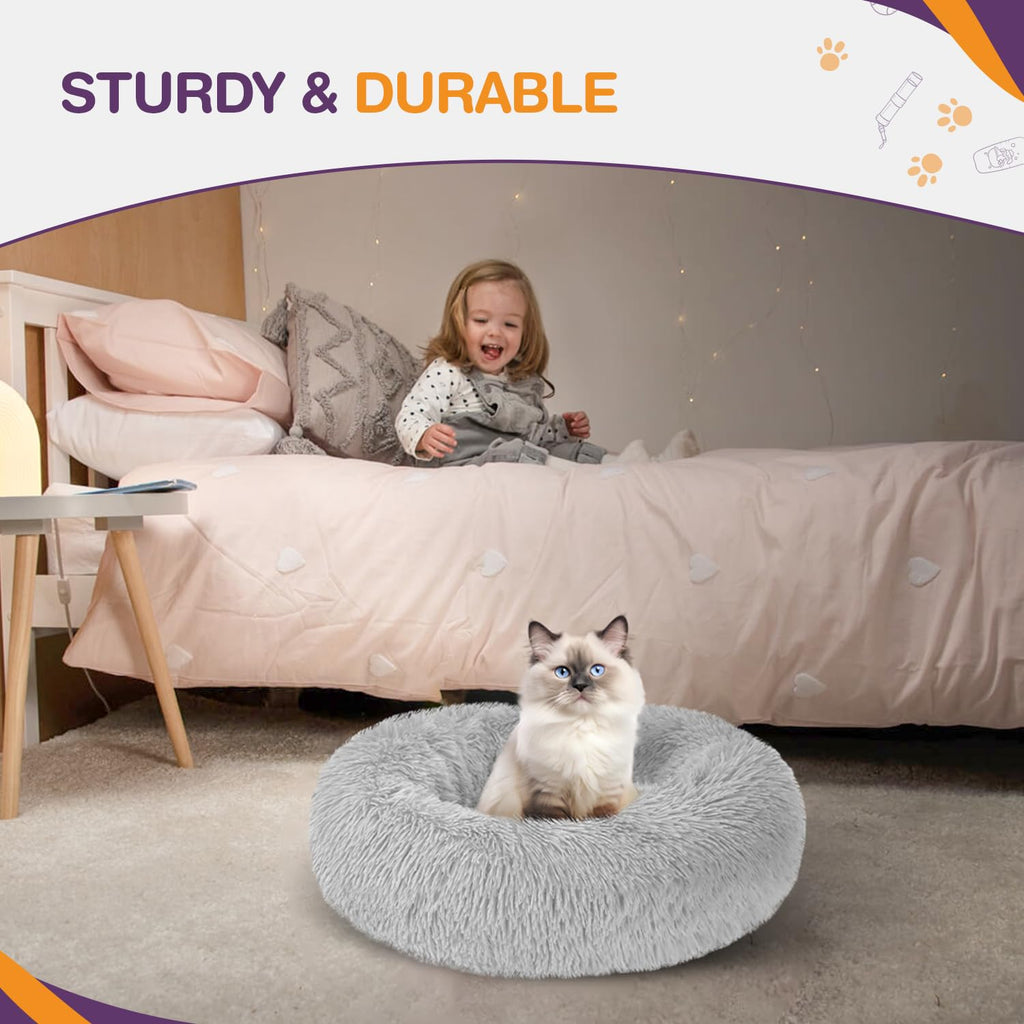 Nosterna Plush Donut Cat & Dog Bed - Calming Self-Warming Bed with Anti-Slip Base