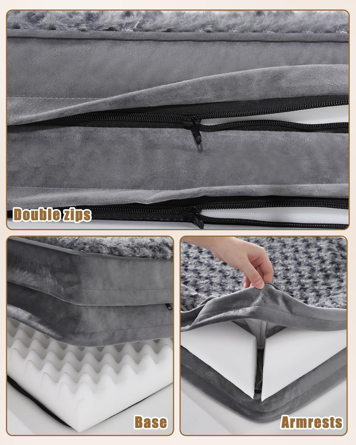 Nosterna Large Orthopedic Dog Bed, Memory Foam, Washable, Non-Slip, C-Shape Bolster, Grey 105x70x18cm