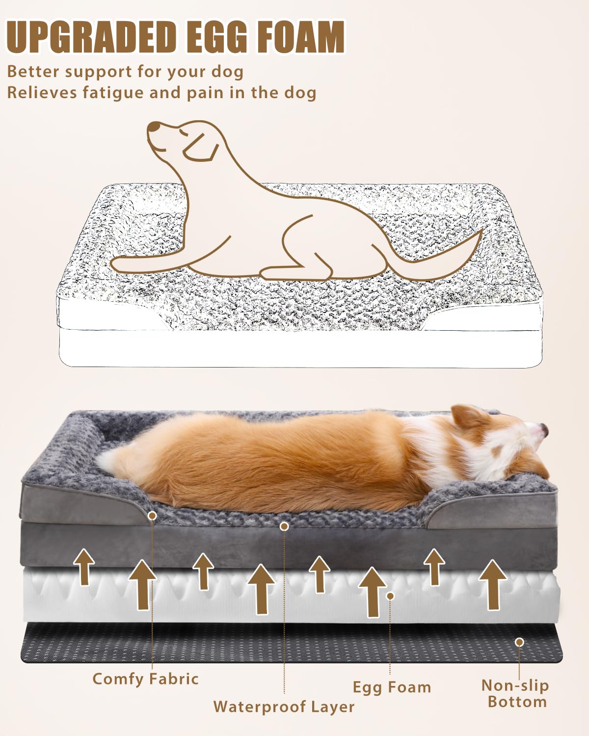 Nosterna Large Orthopedic Dog Bed, Memory Foam, Washable, Non-Slip, C-Shape Bolster, Grey 105x70x18cm