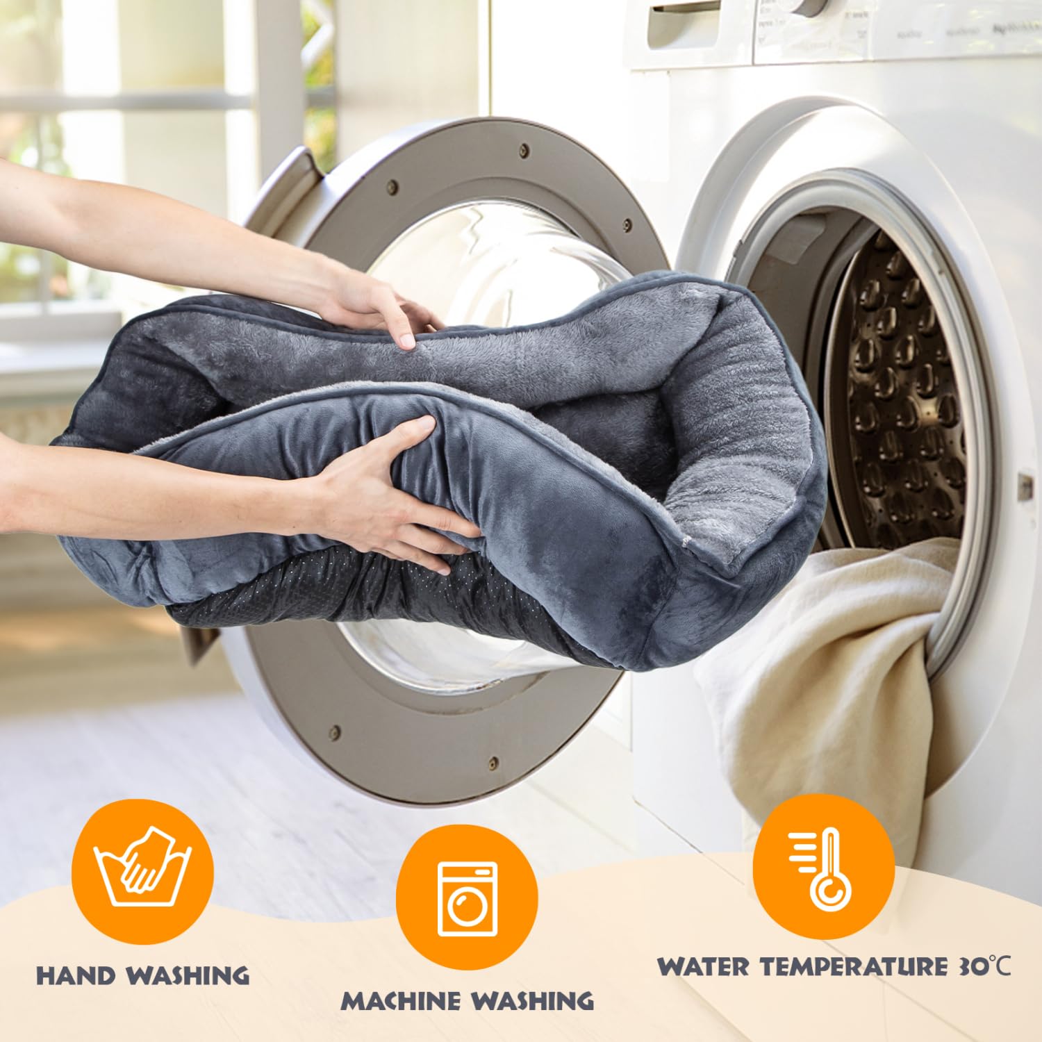 Nosterna Medium Dog Bed, Soft Washable Plush, Anti-Slip, for Small Dogs & Cats, 67x57x18cm, Grey