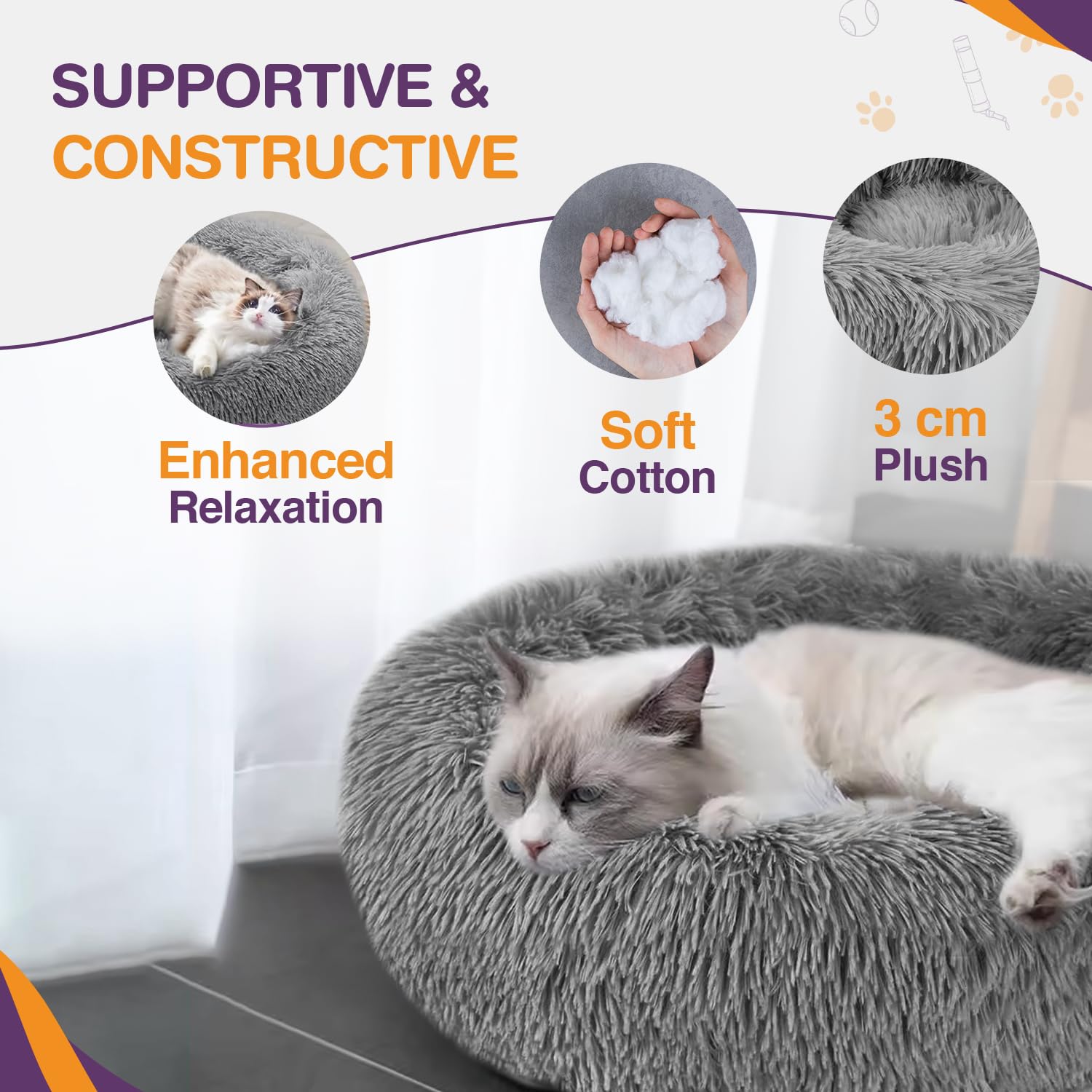 Nosterna Plush Donut Cat & Dog Bed - Calming Self-Warming Bed with Anti-Slip Base
