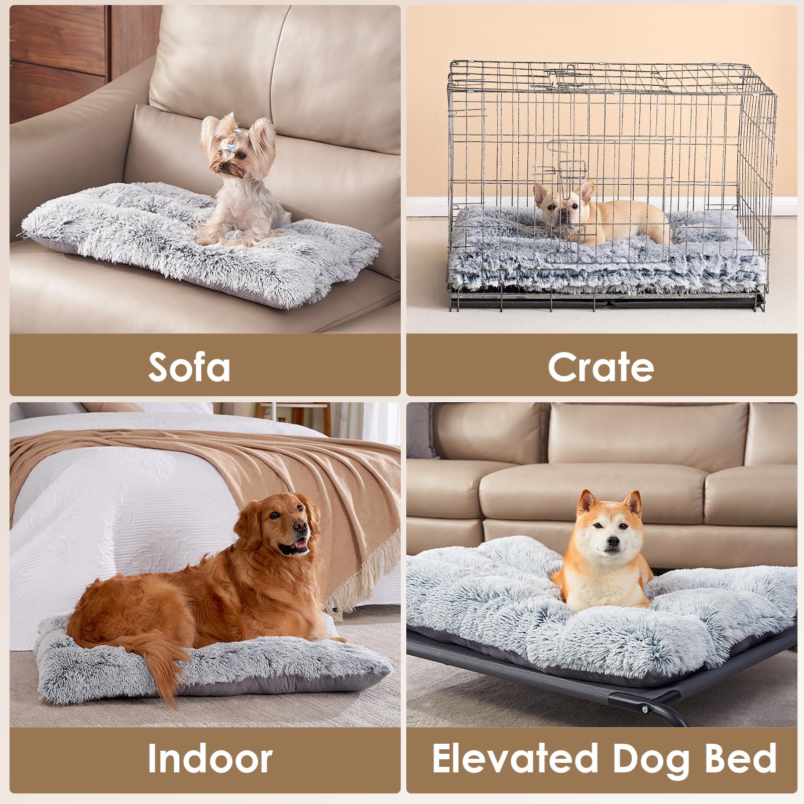 Nosterna Large Washable Crate Dog Bed - Fluffy Calming Bed with Anti-Slip Bottom