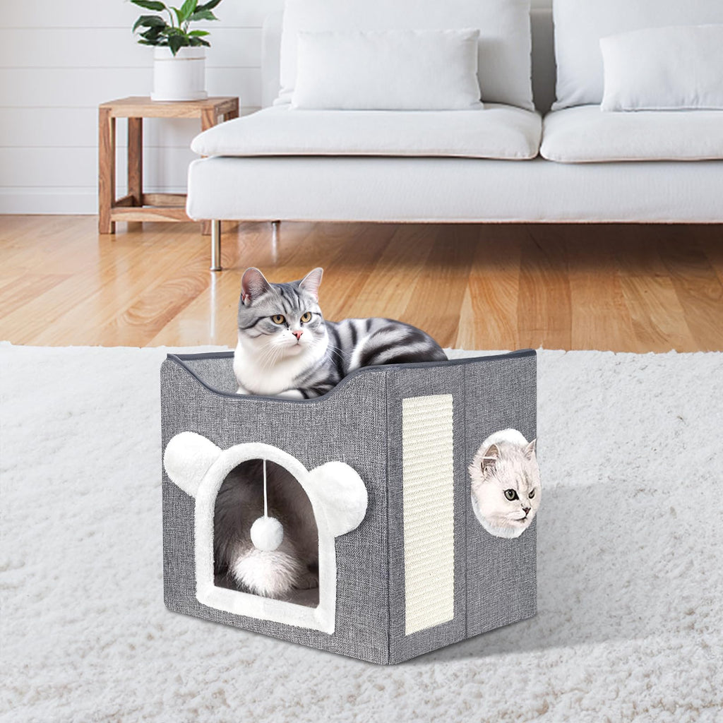 Nosterna Large Cat Cave - Covered Bed with Fluffy Ball & Scratch Pad for Small to Large Pets