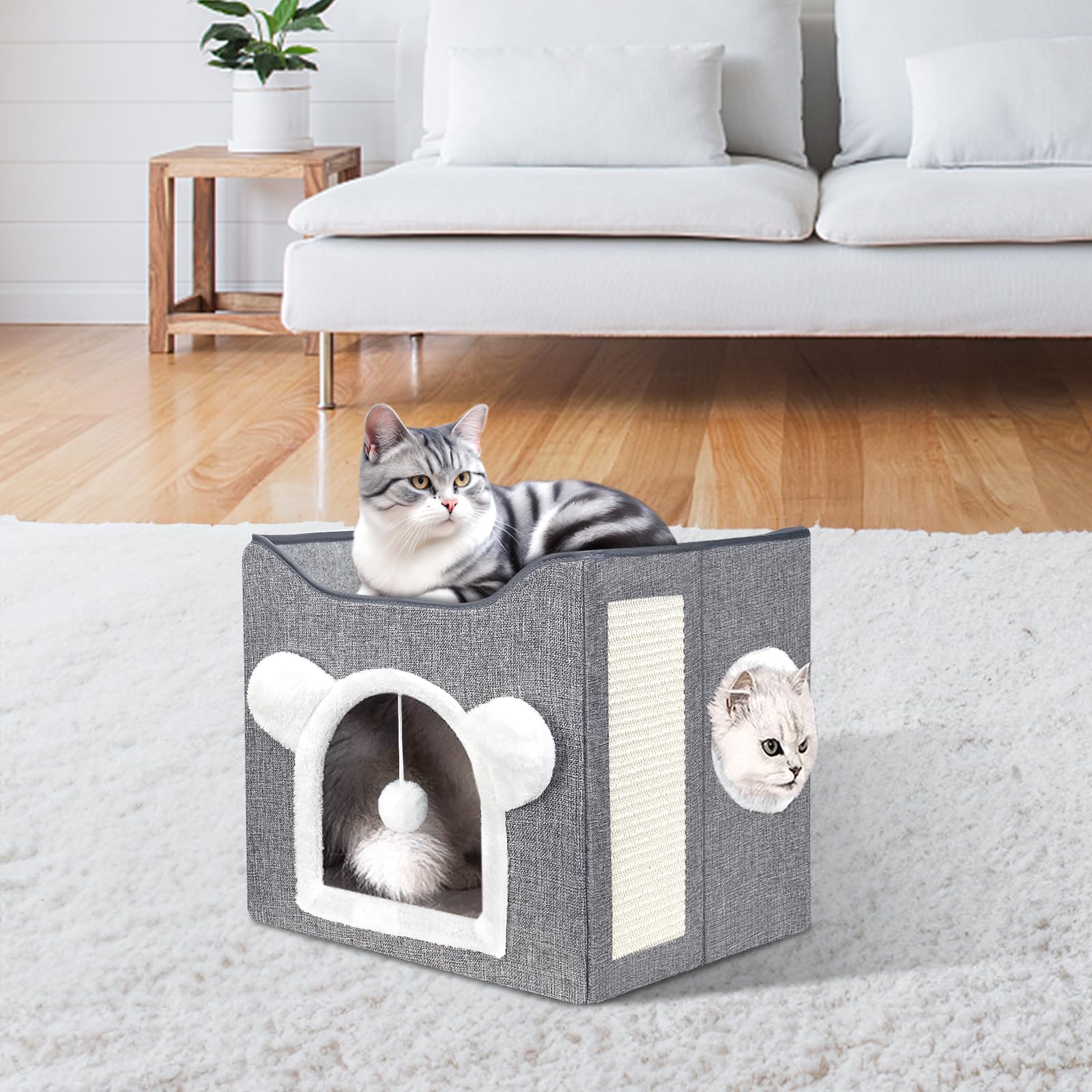 Nosterna Large Cat Cave - Covered Bed with Fluffy Ball & Scratch Pad for Small to Large Pets