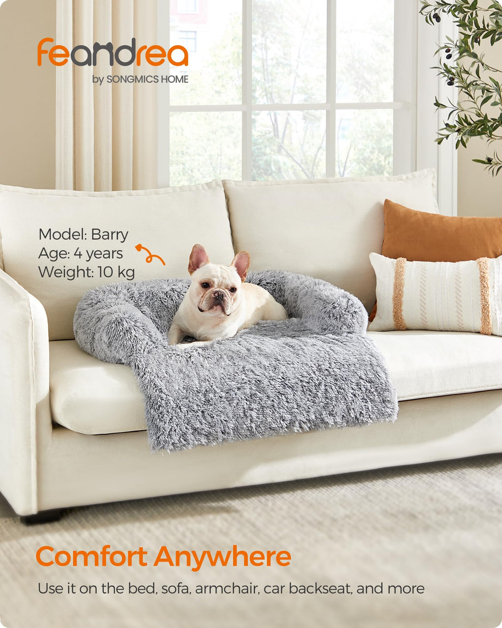 Nosterna™ Fluffy Dog Sofa Bed, Calming Cover, M (80x75x16cm), for Small/Medium Dogs, Grey Ombré