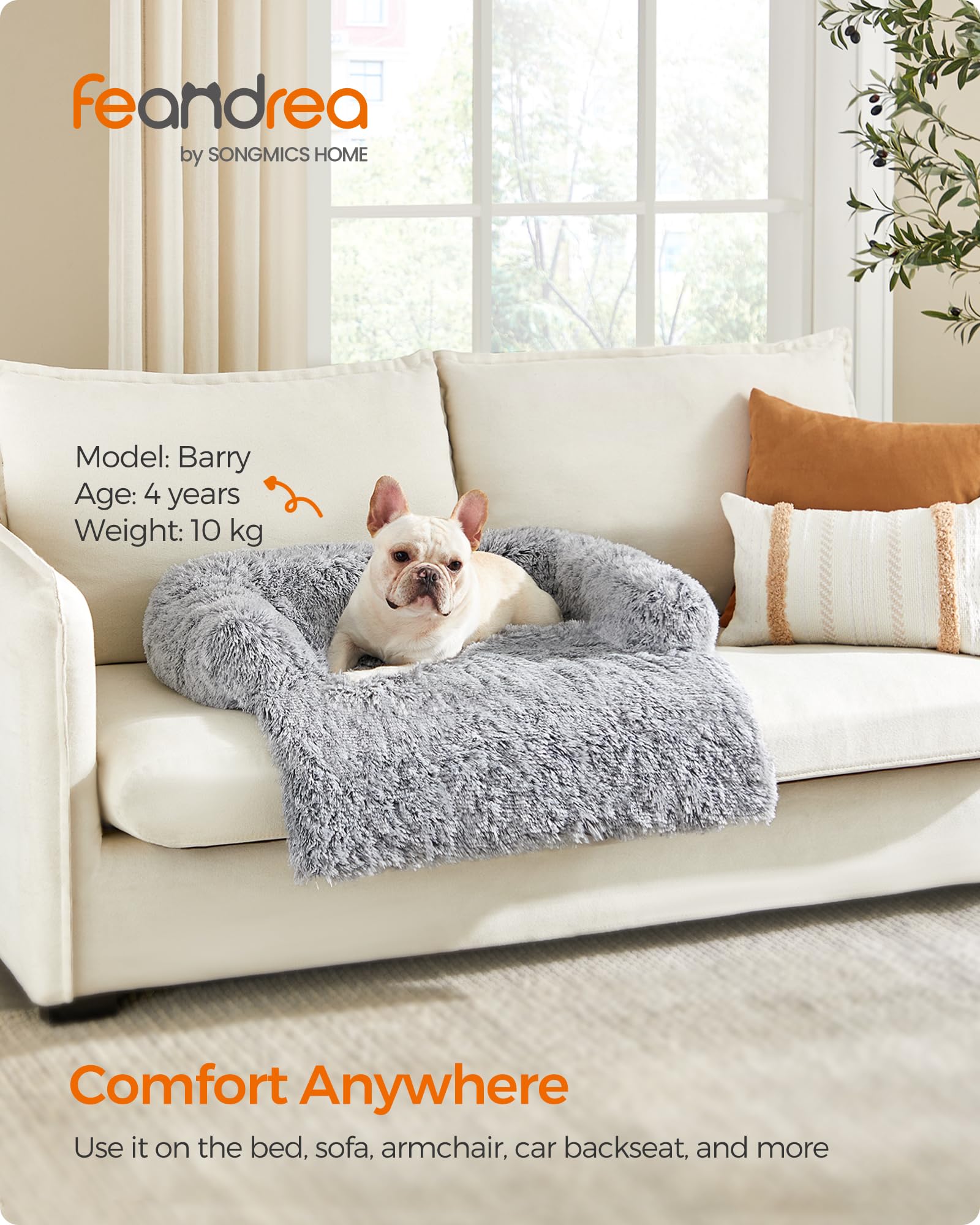 Nosterna™ Fluffy Dog Sofa Bed, Calming Cover, M (80x75x16cm), for Small/Medium Dogs, Grey Ombré