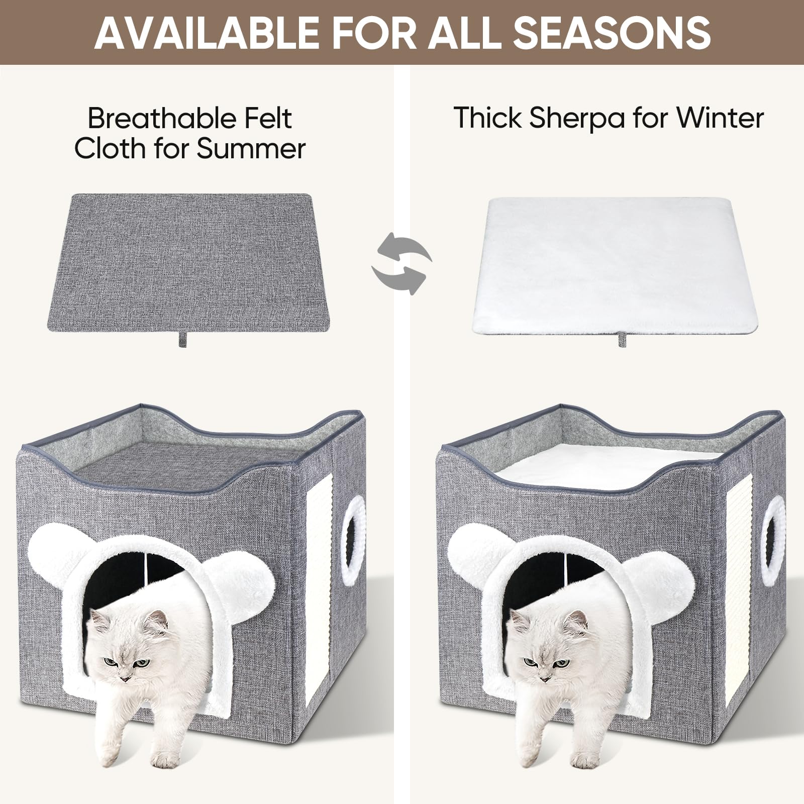 Nosterna Large Cat Cave - Covered Bed with Fluffy Ball & Scratch Pad for Small to Large Pets