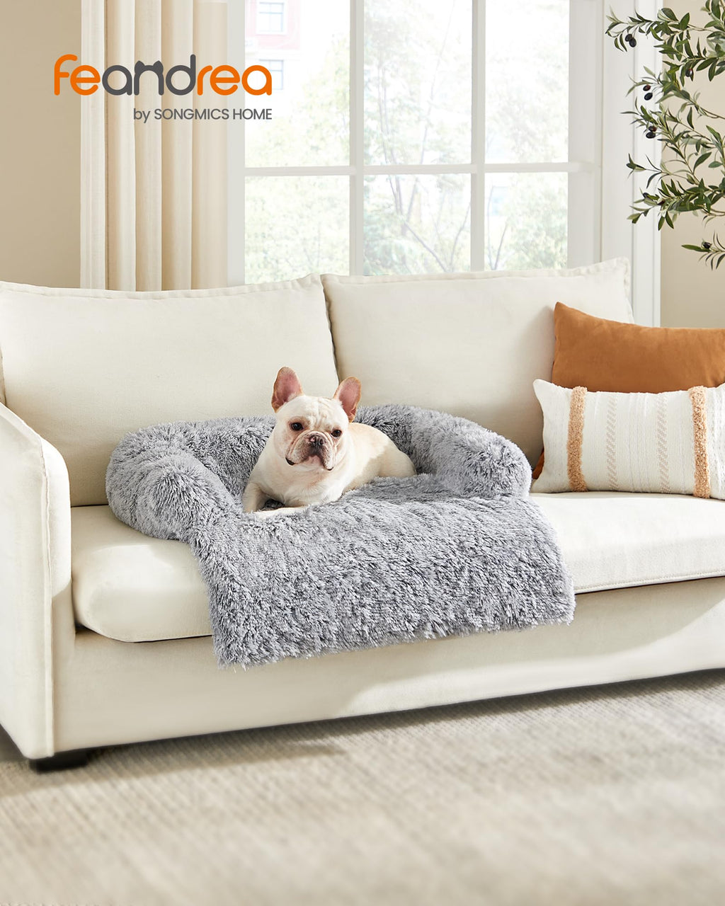 Nosterna™ Fluffy Dog Sofa Bed, Calming Cover, M (80x75x16cm), for Small/Medium Dogs, Grey Ombré