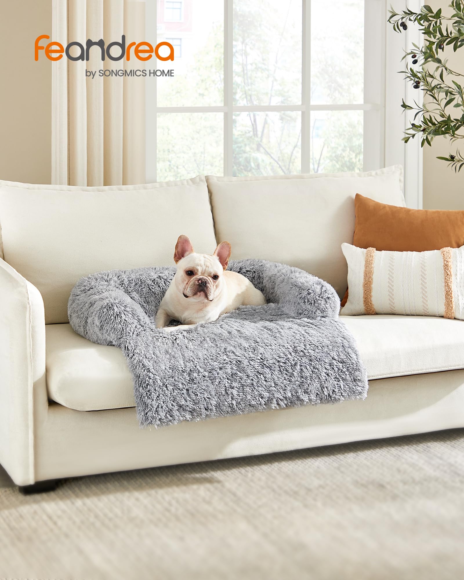 Nosterna™ Fluffy Dog Sofa Bed, Calming Cover, M (80x75x16cm), for Small/Medium Dogs, Grey Ombré