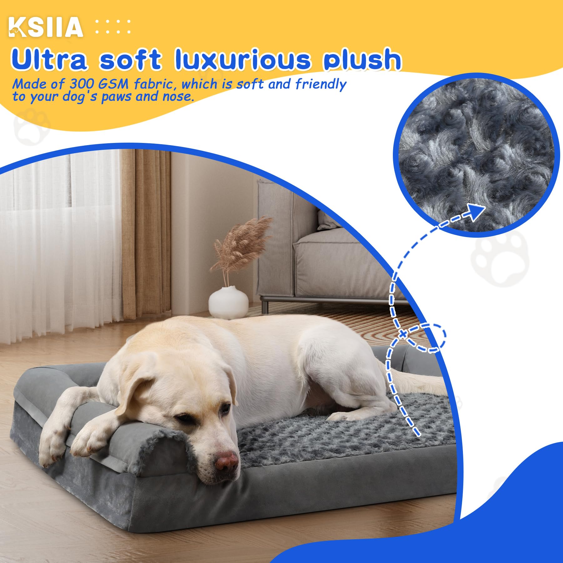 Nosterna Large Orthopedic Dog Bed, Waterproof, Washable Cover, U-Shape Bolster, Grey 91x68x16cm