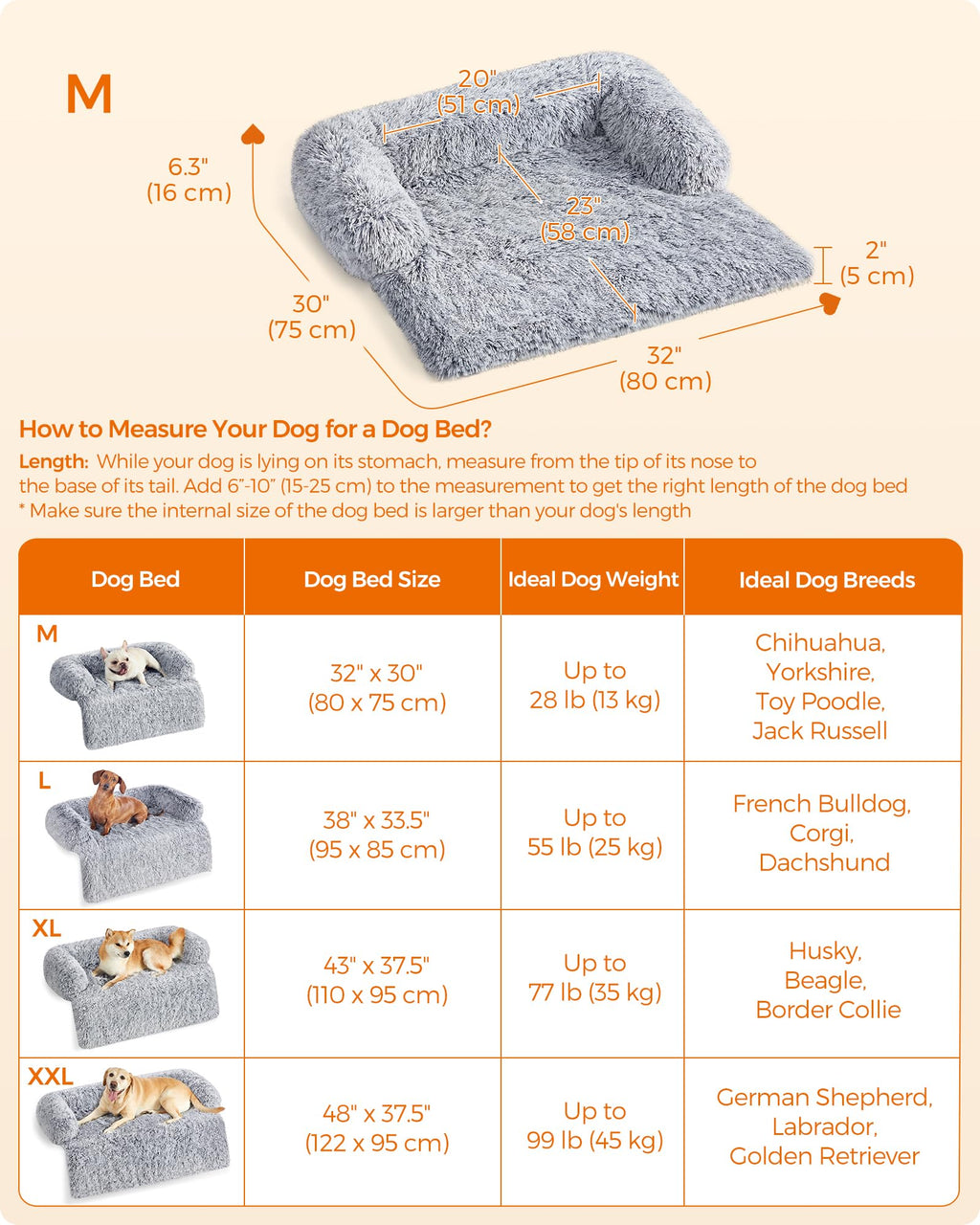 Nosterna™ Fluffy Dog Sofa Bed, Calming Cover, M (80x75x16cm), for Small/Medium Dogs, Grey Ombré