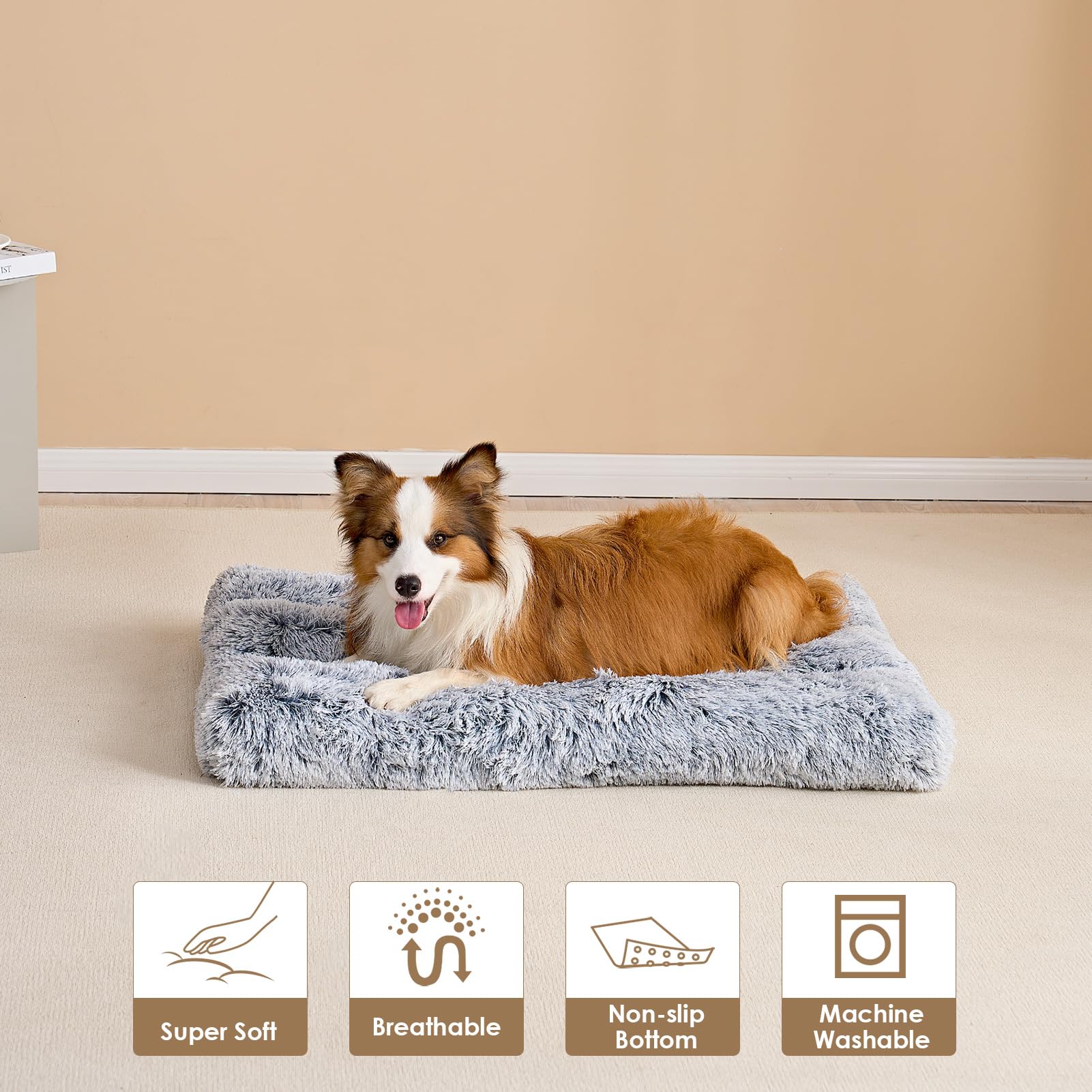 Nosterna Large Washable Crate Dog Bed - Fluffy Calming Bed with Anti-Slip Bottom