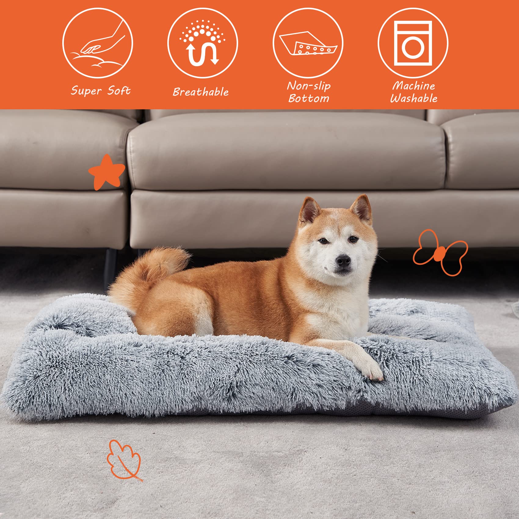 Nosterna Large Washable Crate Dog Bed - Fluffy Calming Bed with Anti-Slip Bottom