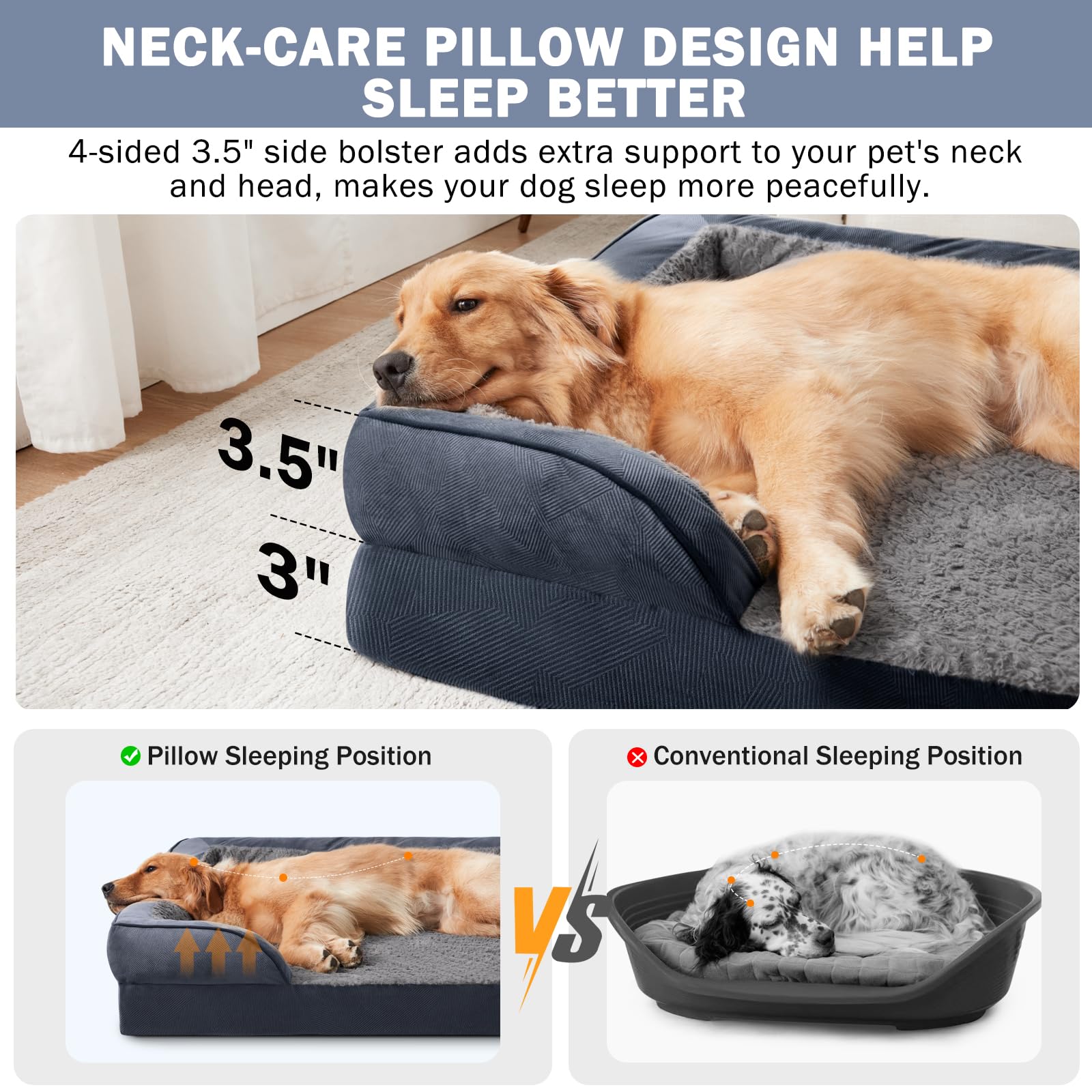 Nosterna Large Orthopedic Memory Foam Dog Bed, Washable, for Dogs up to 50lbs, Grey