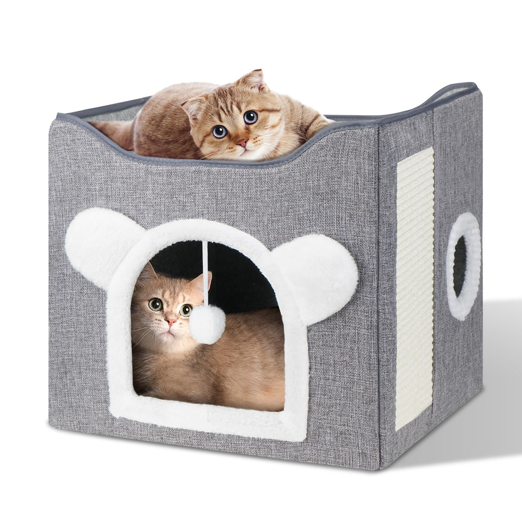 Nosterna Large Cat Cave - Covered Bed with Fluffy Ball & Scratch Pad for Small to Large Pets