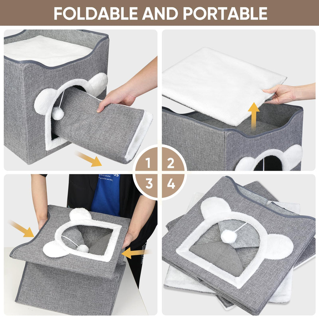 Nosterna Large Cat Cave - Covered Bed with Fluffy Ball & Scratch Pad for Small to Large Pets