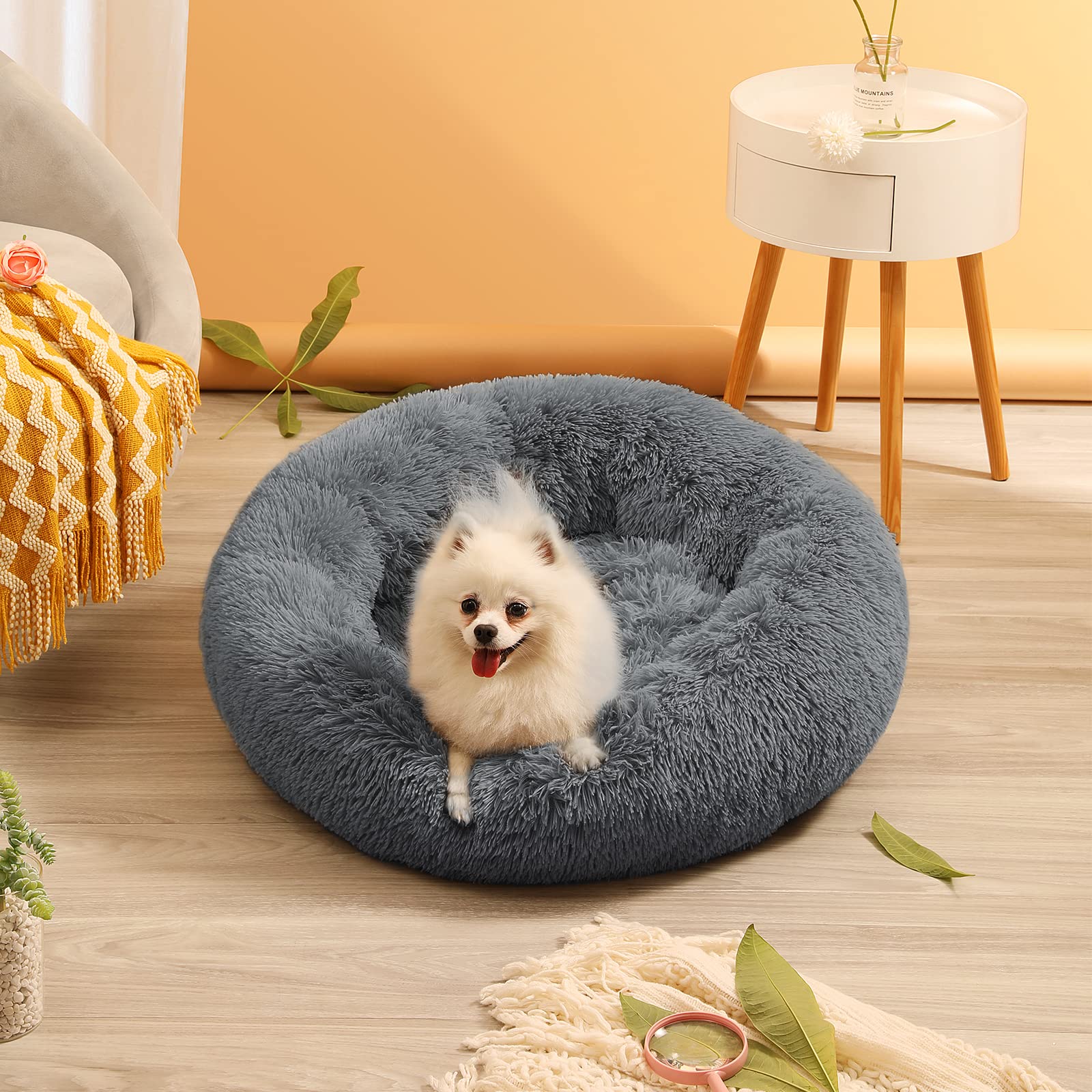 Nosterna Calming Donut Dog Bed - Washable Anti-Anxiety Plush Bed for Medium & Small Pets