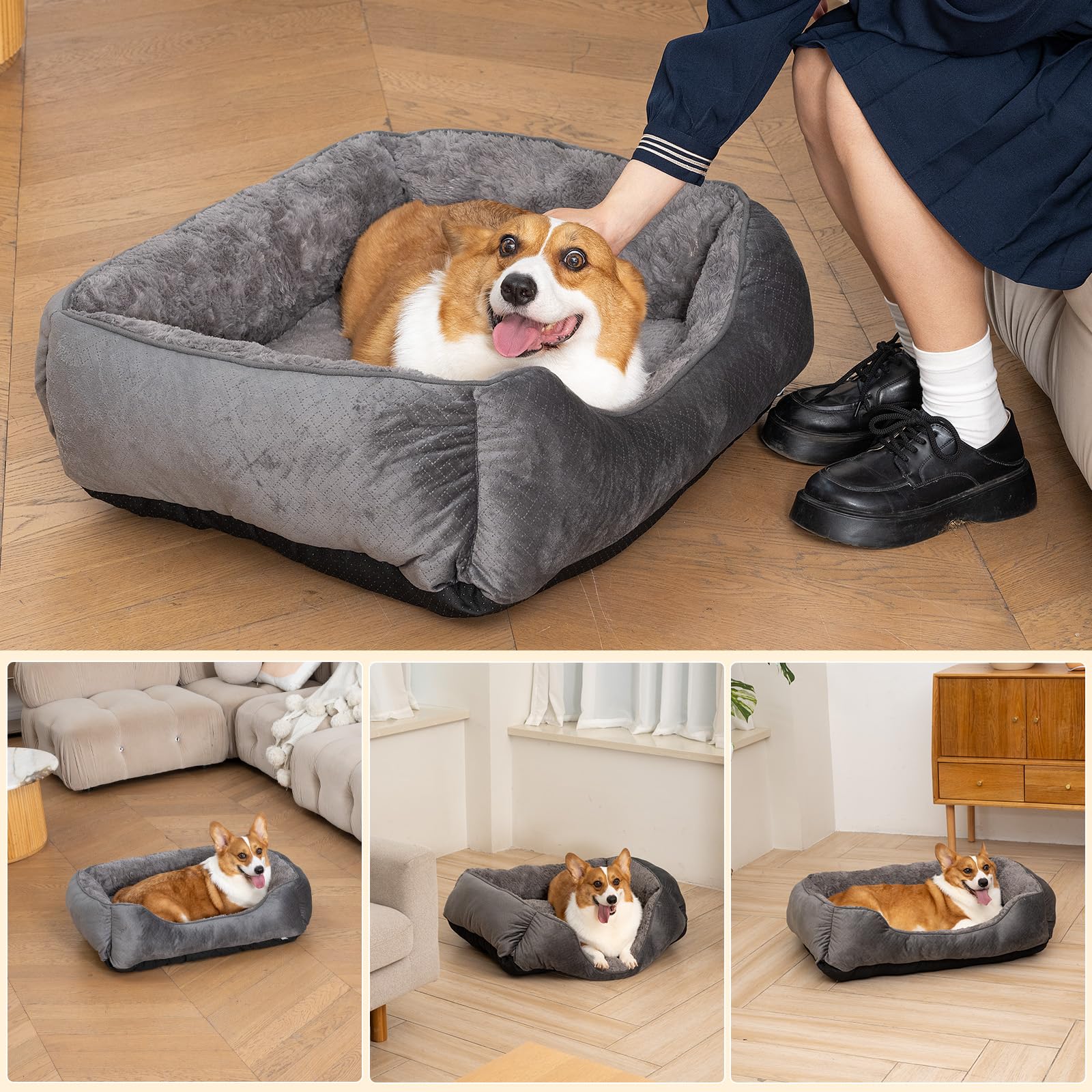 Nosterna Medium Dog Bed - Soft Washable Rectangle Bed with Anti-Slip Bottom & Anti-Anxiety