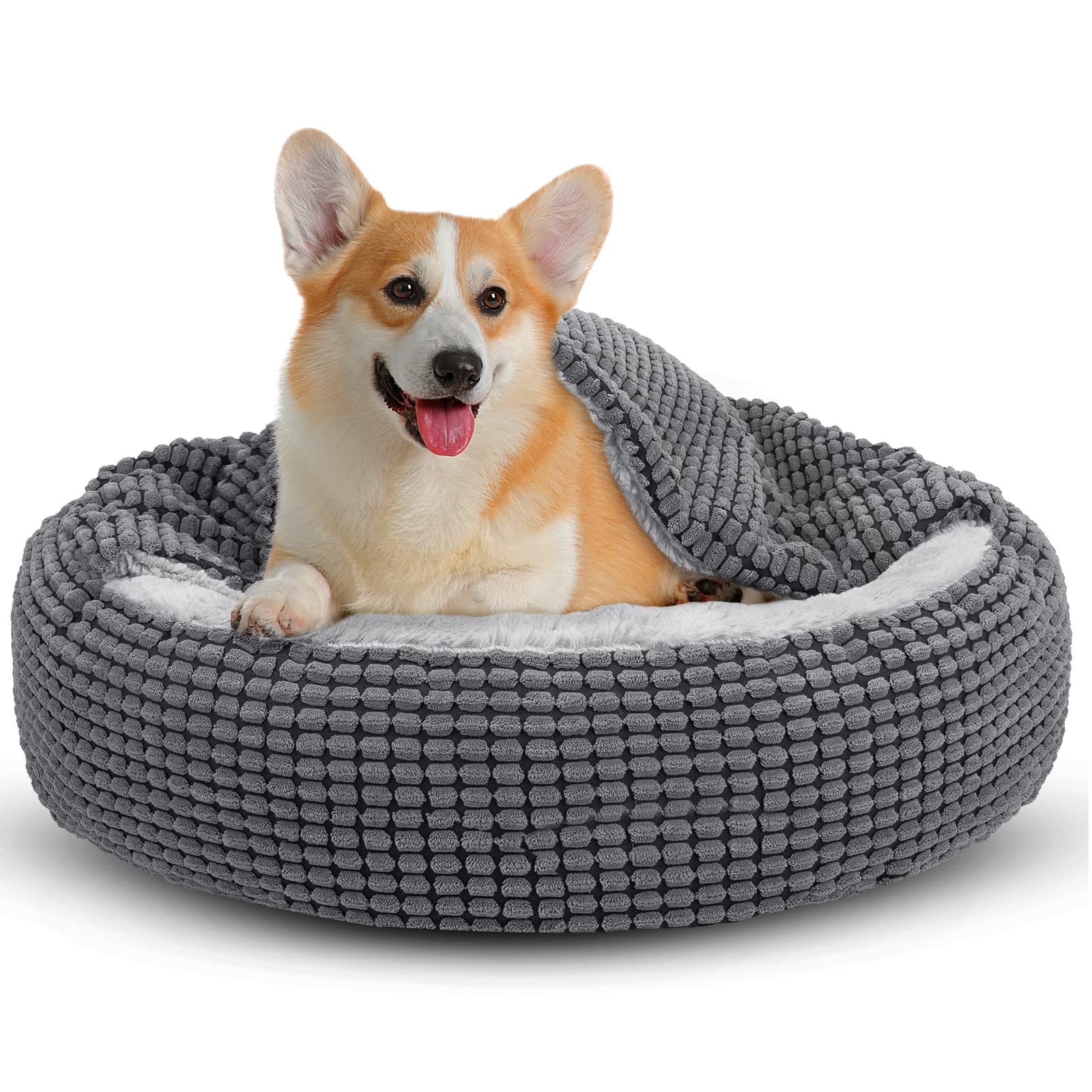 Nosterna Round Calming Donut Dog Bed, Washable Hooded Pet Bed, for Dogs up to 30lbs