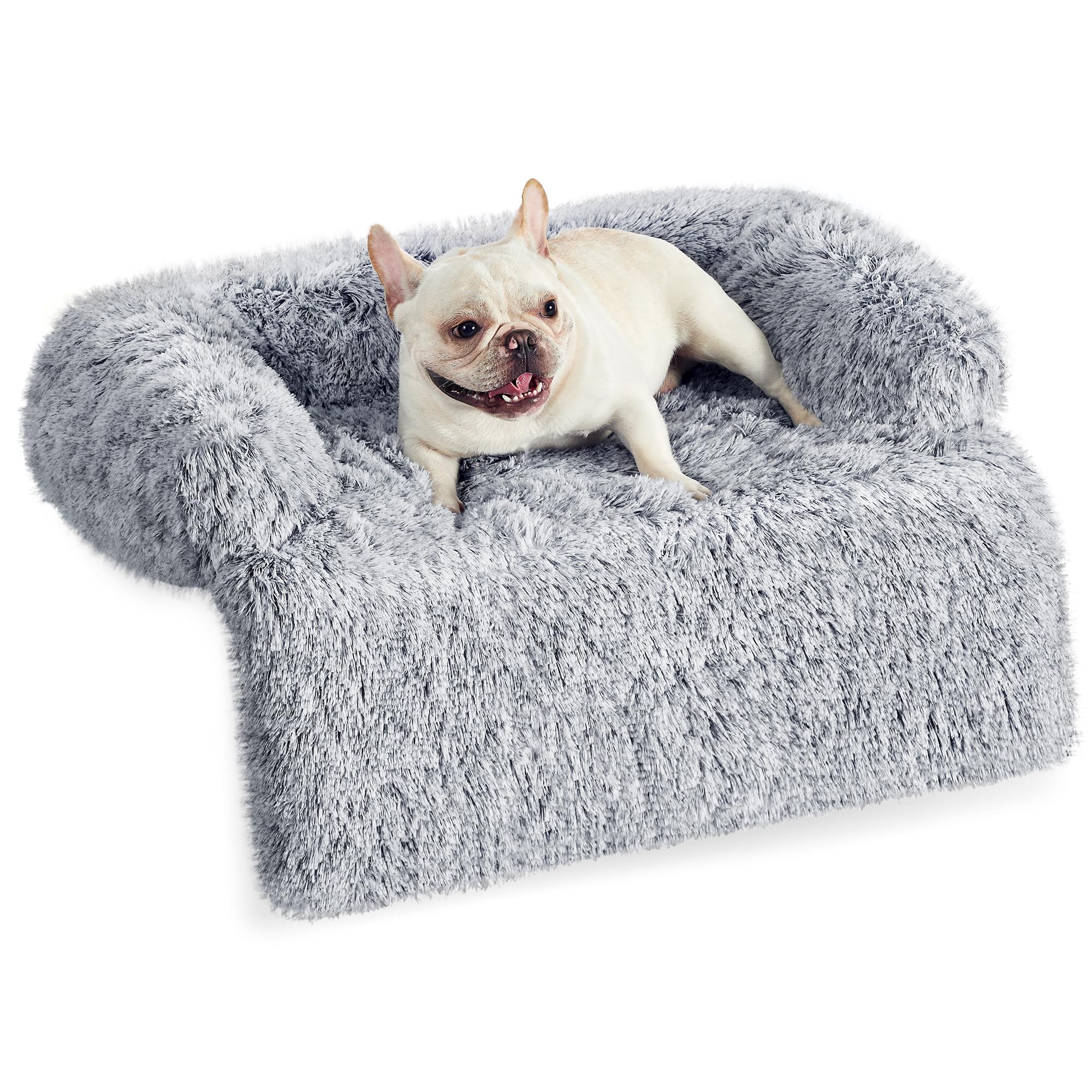 Nosterna™ Fluffy Dog Sofa Bed, Calming Cover, M (80x75x16cm), for Small/Medium Dogs, Grey Ombré