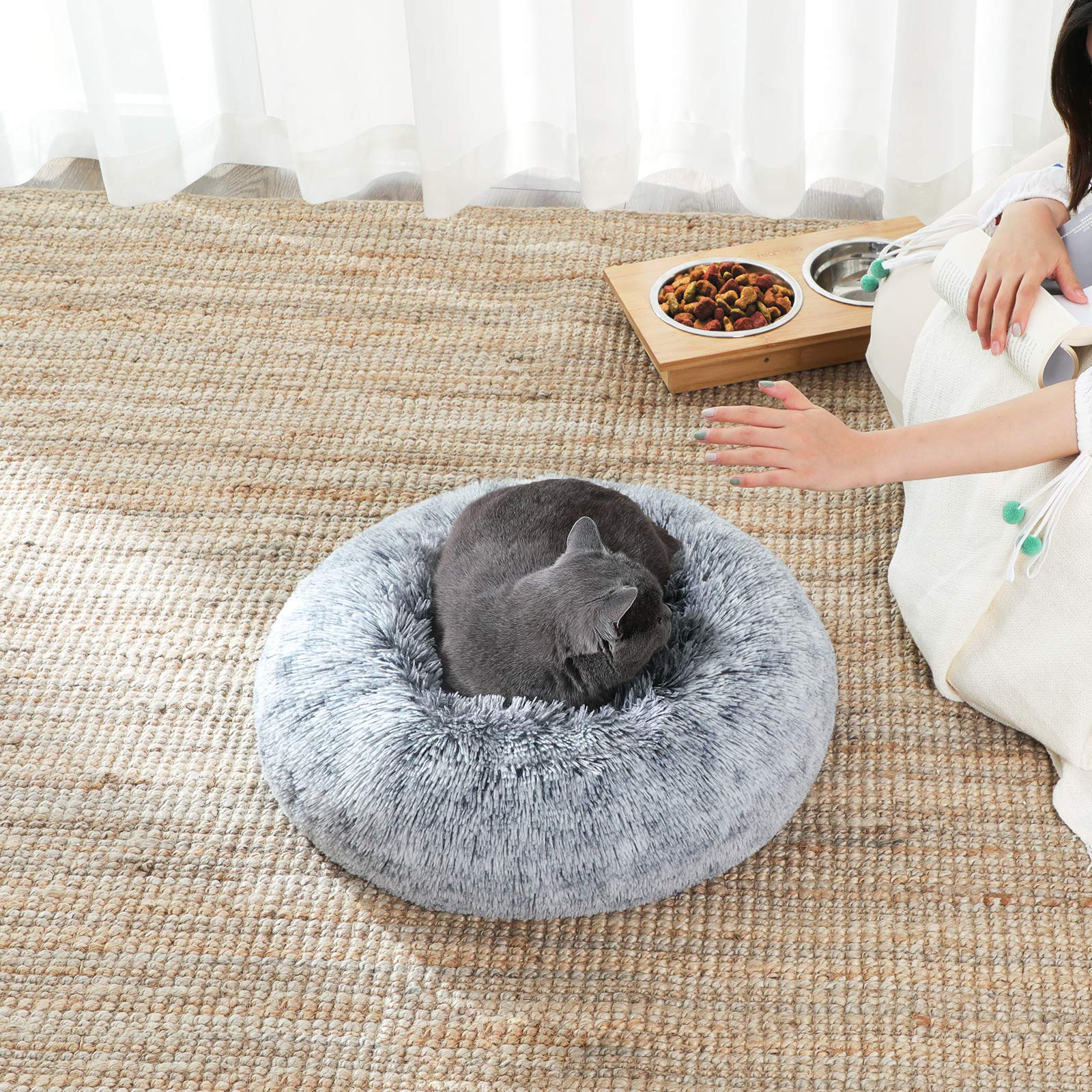 Nosterna Fluffy Dog & Cat Donut Bed - Washable Long Plush Cushion with Removable Padding